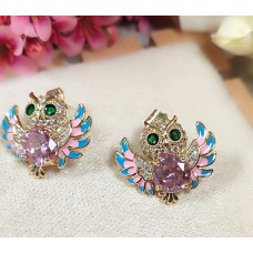 Renkli Mineli Baykuş Model Taşlı Küpe - Pembe Zirkon & Gold Kaplama Tasarım S04 F15
