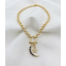 Lüks Mavi Taşlı Hilal ve Yıldız Figürlü Gold Kolye (26+5 cm) K95 Z16