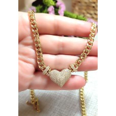 14 K (ALTIN KAPLAMA) ZİRKON TAŞLI KALP DESENLİ VİP KOLYE K81Z16